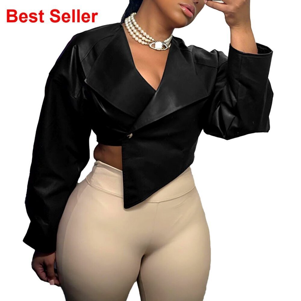 Crop Faux Leather Jacket Women Long Sleeve Lapel Neck Button Down